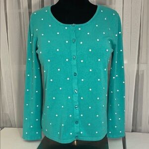 Turquoise Cardigan with White Polka Dots button down front size medium